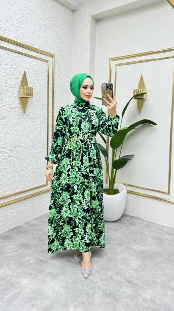 DÜZ YEŞİL KATYA VİSKON ELBİSE - 1