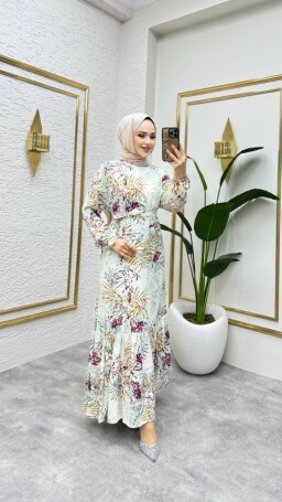 7000 YAPRAK DESENLİ VİSKON ELBİSE KREM 