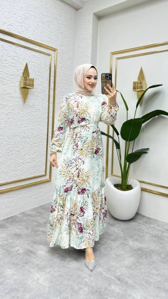 7000 YAPRAK DESENLİ VİSKON ELBİSE KREM - 2