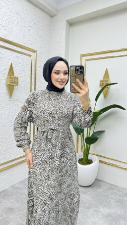 7002 LEOPAR VİSKON ELBİSE KAHVERENGİ 