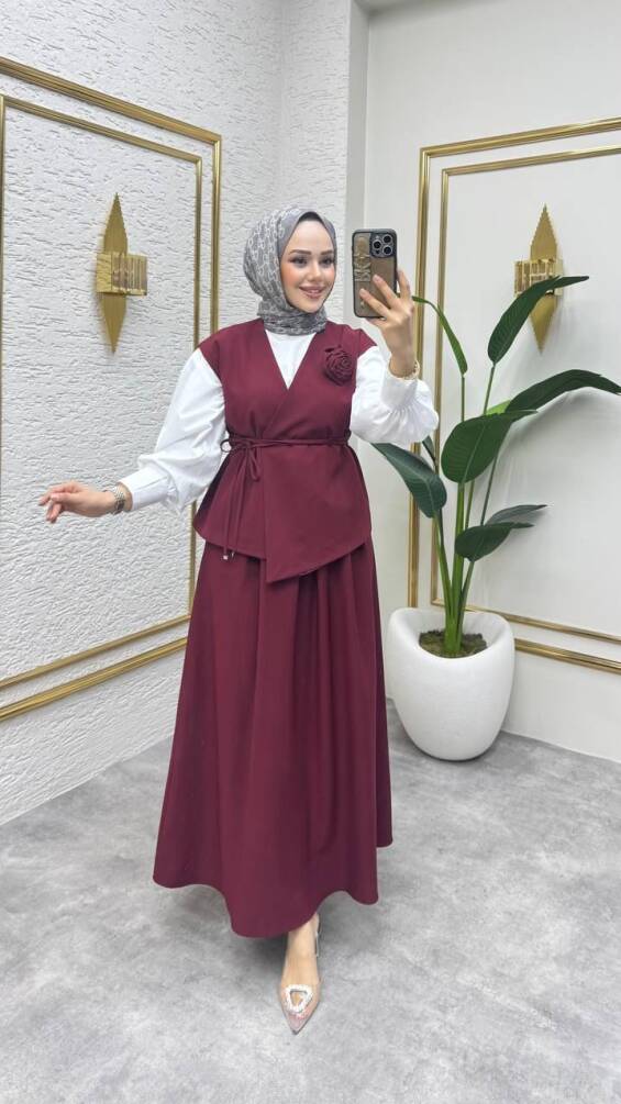 2094 GÜLLÜ ETEKLİ TAKIM BORDO - 1
