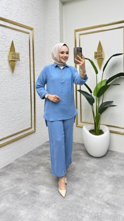 MÜSLİN PANTOLON TAKIM BEBE MAVİ - 1