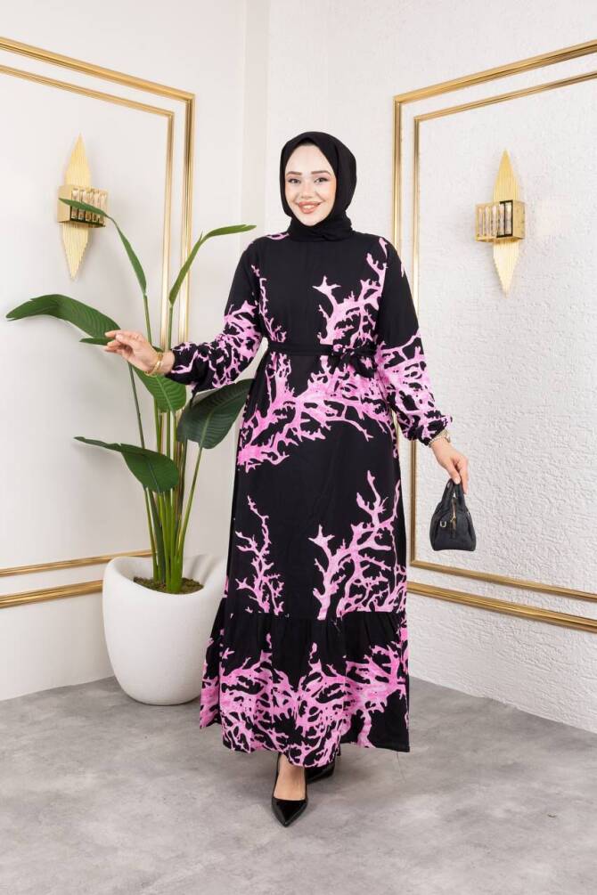 ATEŞ DESEN ELBİSE PEMBE - 1