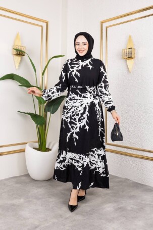 ATEŞ DESEN ELBİSE SİYAH BEYAZ - 1