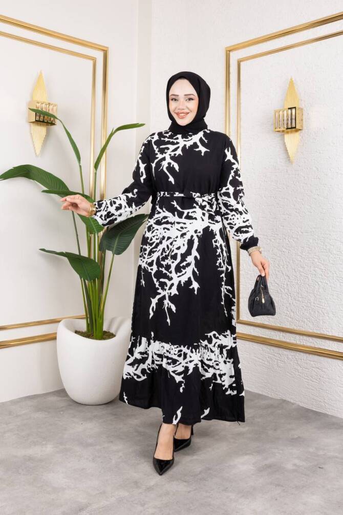ATEŞ DESEN ELBİSE SİYAH BEYAZ - 1