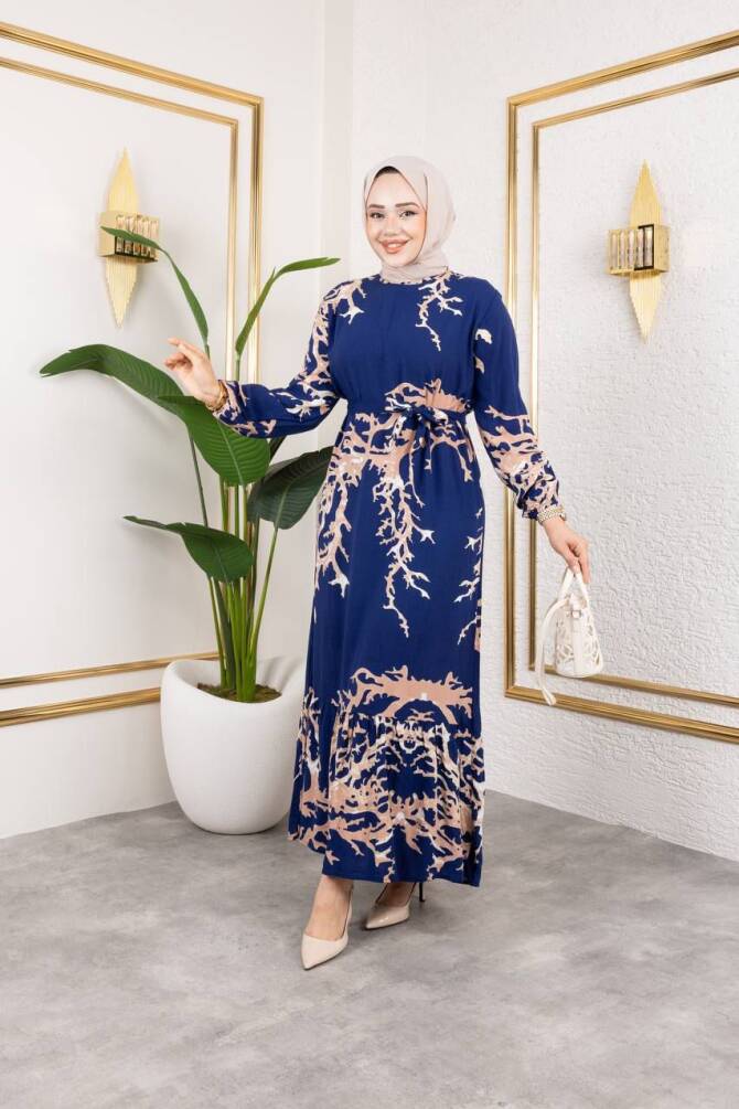 ATEŞ DESEN ELBİSE LACİVERT - 1