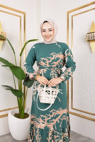 ATEŞ DESEN ELBİSE YEŞİL 