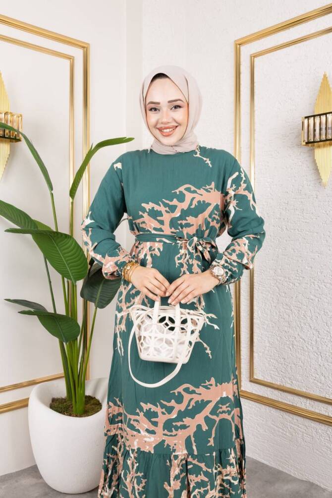 ATEŞ DESEN ELBİSE YEŞİL - 1