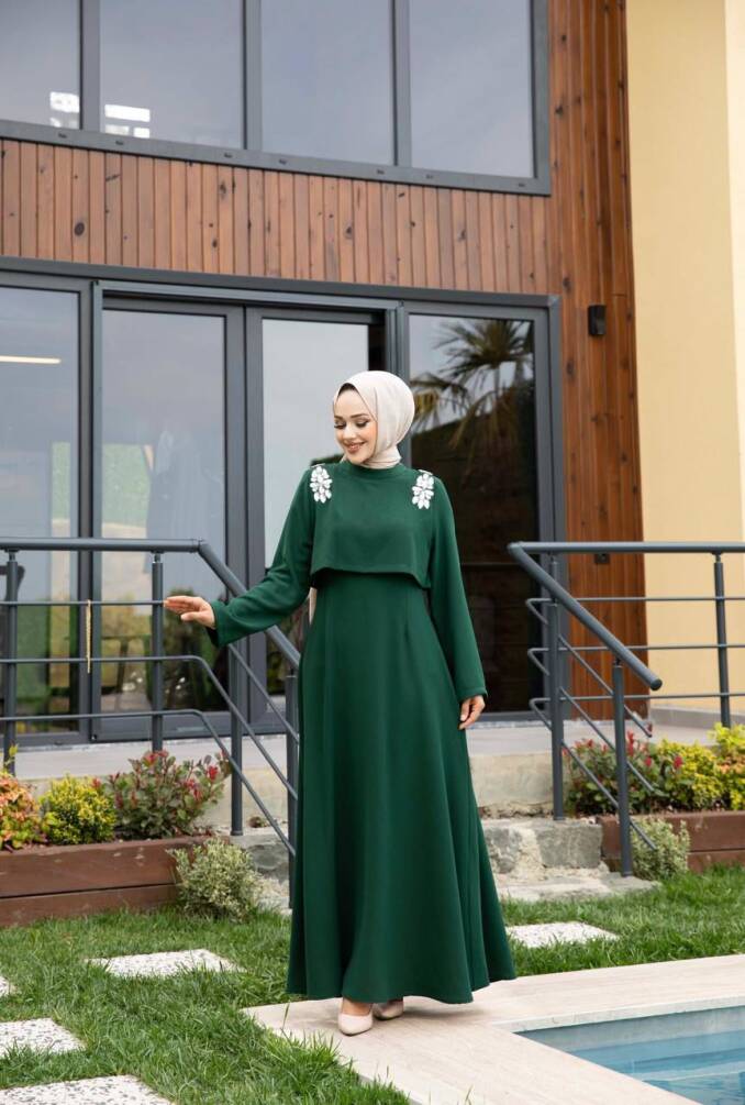 24312 KREP ŞİFON ASTARLIELBİSE YEŞİL - 1