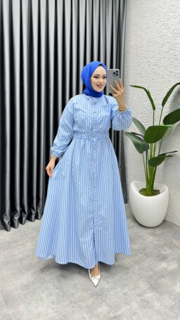 5007 GABARDİN KUMAŞ BELİ LASTİKLİ ÖNDEN DÜĞMELİ ELBİSE MAVİ - 1