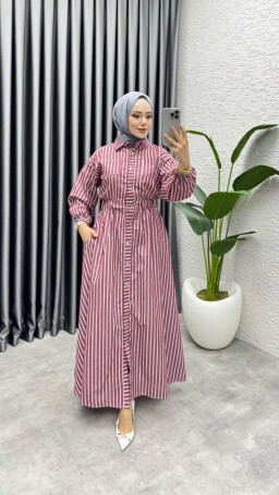 5007 GABARDİN KUMAŞ BELİ LASTİKLİ ÖNDEN DÜĞMELİ ELBİSE KIRMIZI - 1