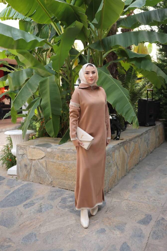  508 TRİKO ELBİSE CAMEL - 1