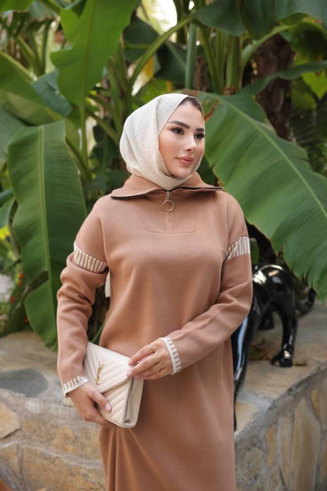  508 TRİKO ELBİSE CAMEL - 3
