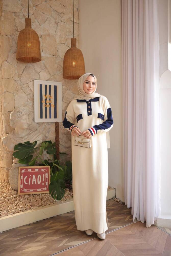 507 TRİKO ELBİSE KREM - 2