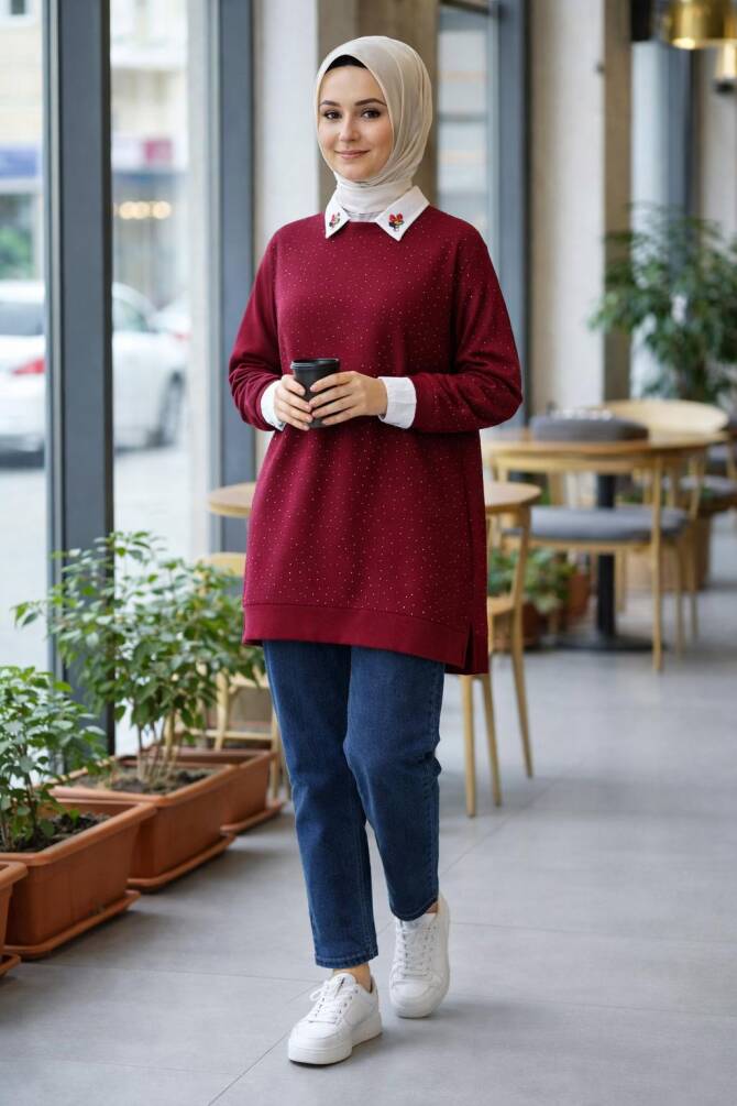 102 TAŞLI TUNİK BORDO - 1