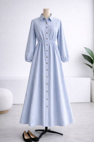 5007 GABARDİN KUMAŞ BELİ LASTİKLİ ÖNDEN DÜĞMELİ ELBİSE MAVİ - MODA SZN