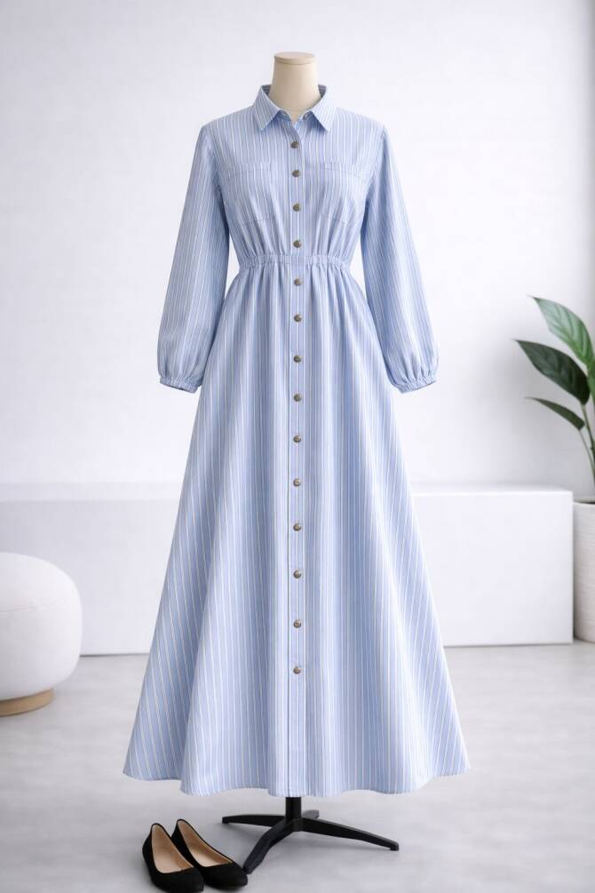 5007 GABARDİN KUMAŞ BELİ LASTİKLİ ÖNDEN DÜĞMELİ ELBİSE MAVİ - 1