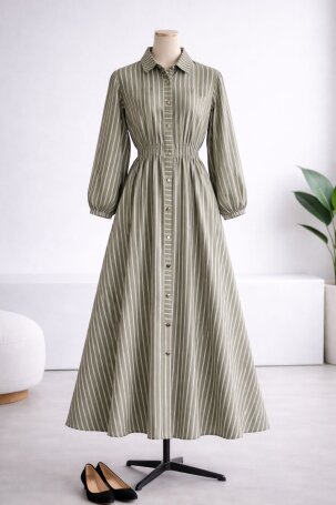 5007 GABARDİN KUMAŞ BELİ LASTİKLİ ÖNDEN DÜĞMELİ ELBİSE YEŞİL - MODA SZN