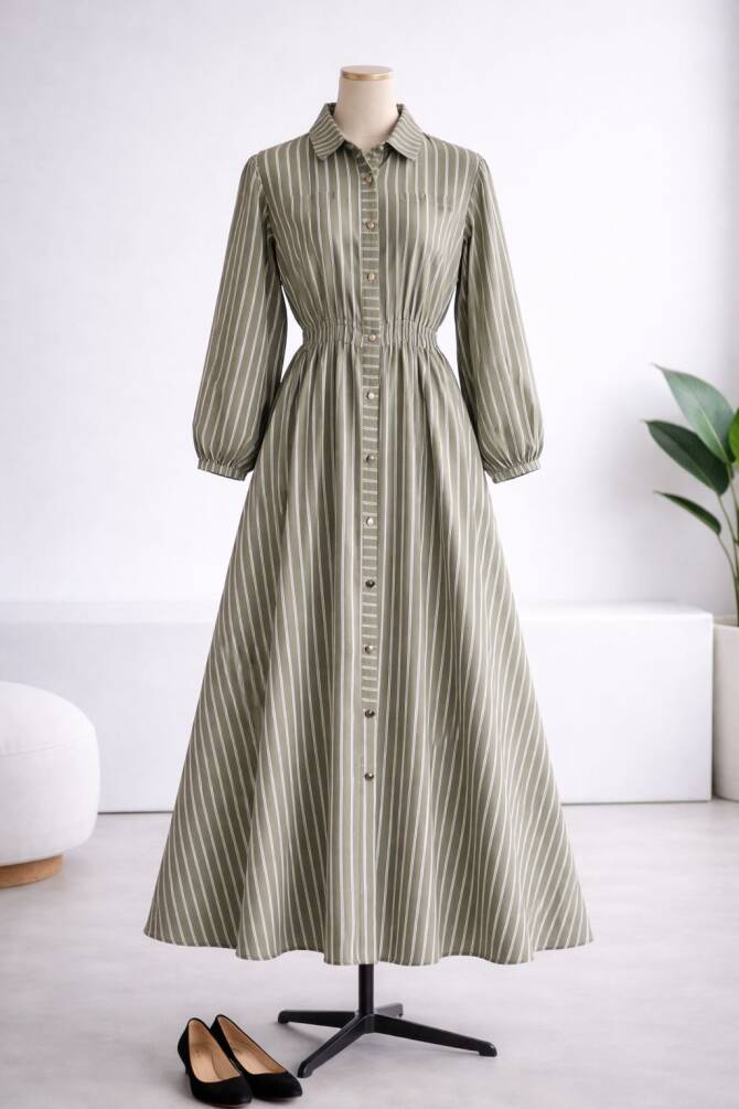 5007 GABARDİN KUMAŞ BELİ LASTİKLİ ÖNDEN DÜĞMELİ ELBİSE YEŞİL - 1