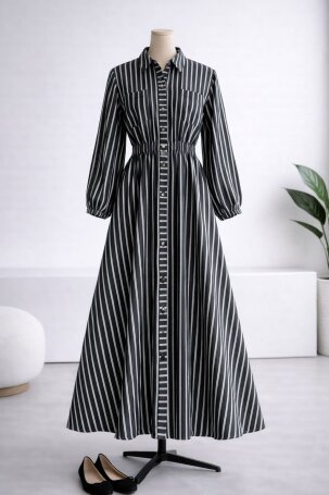 5007 GABARDİN KUMAŞ BELİ LASTİKLİ ÖNDEN DÜĞMELİ ELBİSE GRİ - MODA SZN