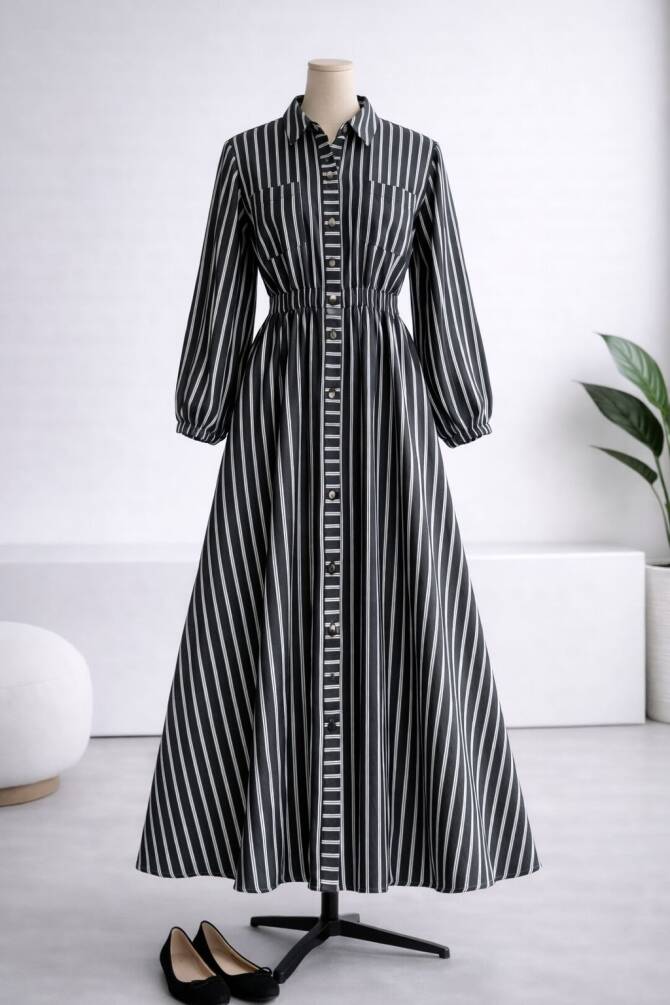 5007 GABARDİN KUMAŞ BELİ LASTİKLİ ÖNDEN DÜĞMELİ ELBİSE GRİ - 1