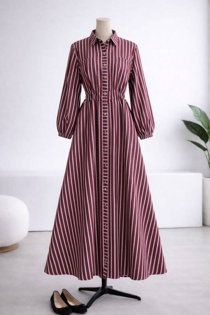 5007 GABARDİN KUMAŞ BELİ LASTİKLİ ÖNDEN DÜĞMELİ ELBİSE KIRMIZI - 1